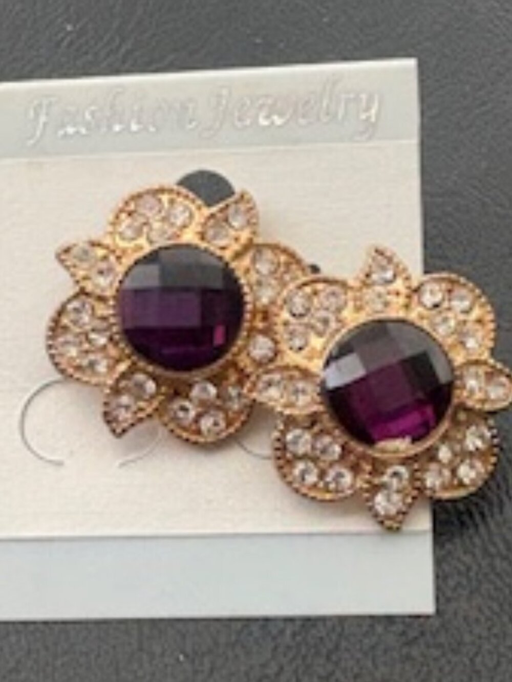 Fashion Jewelry earrings-Gold tone floral style-Purple stones-Clear stones